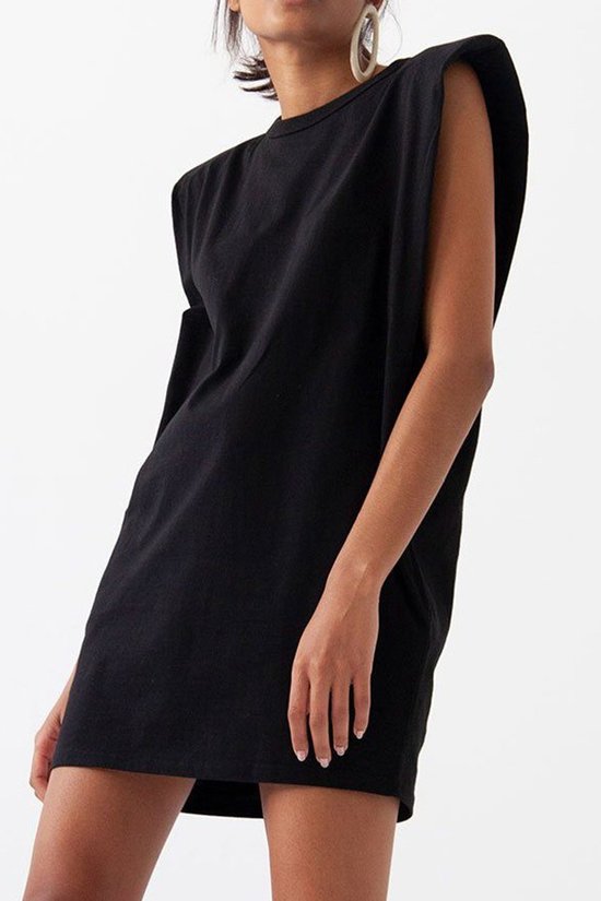 Black Sleeveless Basic Tee Dress with Shoulder Pads