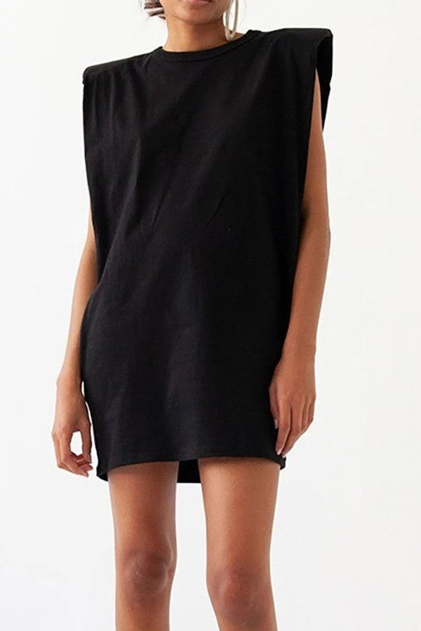 Black Sleeveless Basic Tee Dress with Shoulder Pads