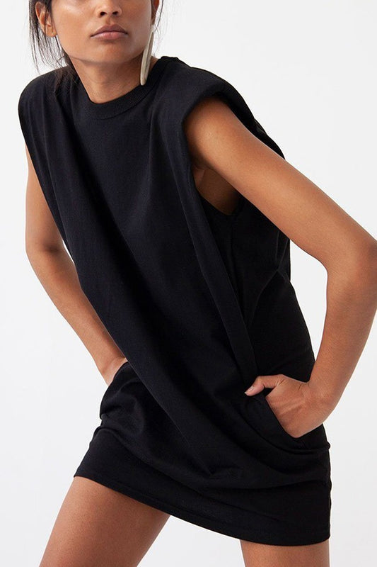 Black Sleeveless Basic Tee Dress with Shoulder Pads