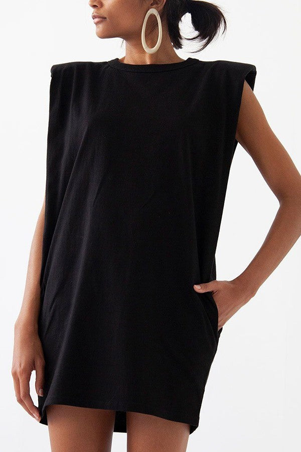 Black Sleeveless Basic Tee Dress with Shoulder Pads